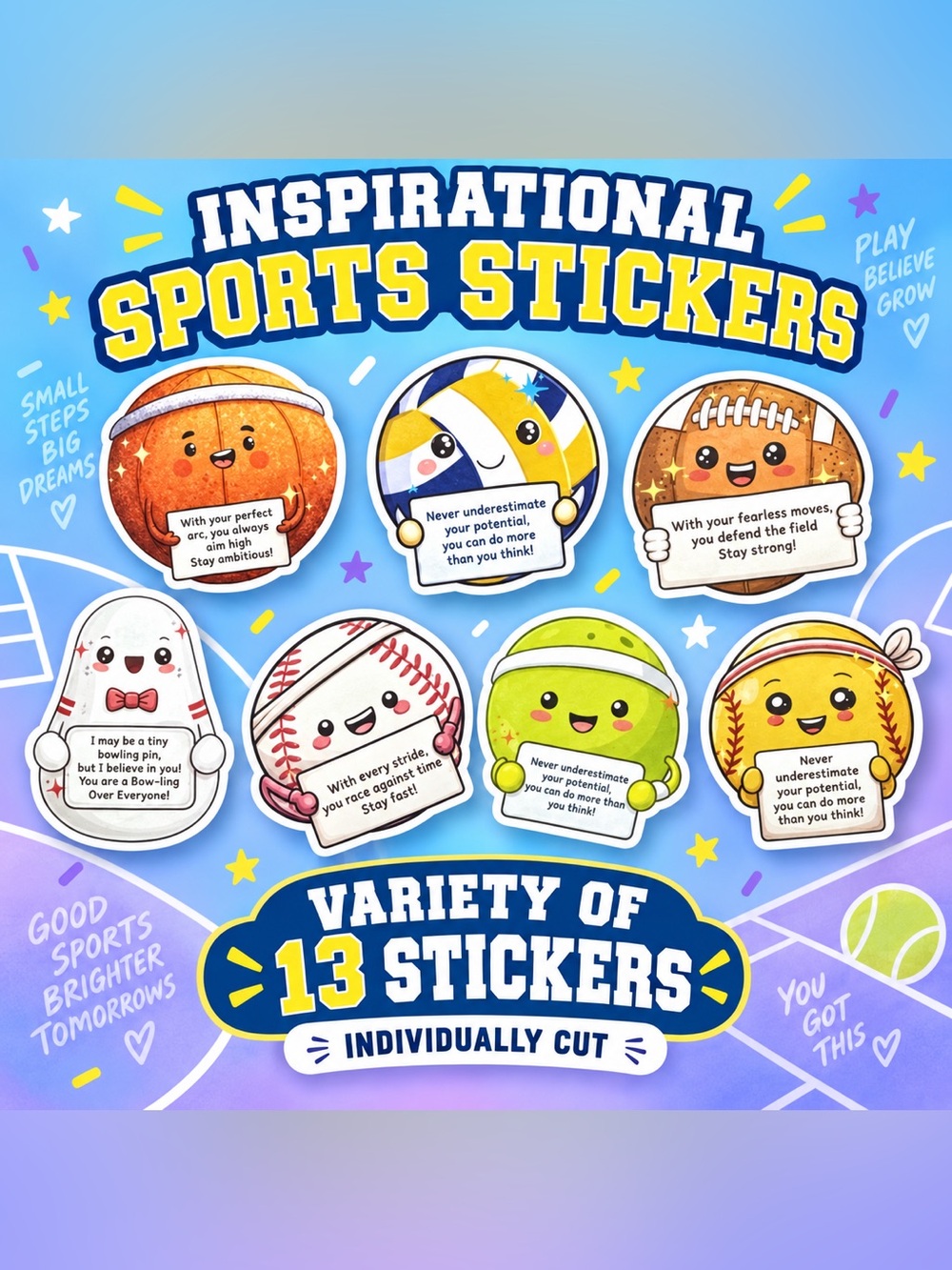 Pack of 13 Cute Sports Inspirational Sticker Pack